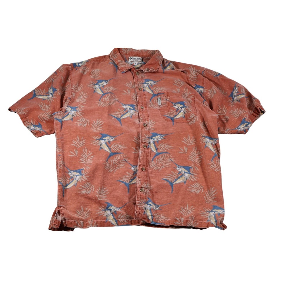 Columbia Sportswear Shirt Mens XL Orange Marlin Fish Tropical Camp Button Down